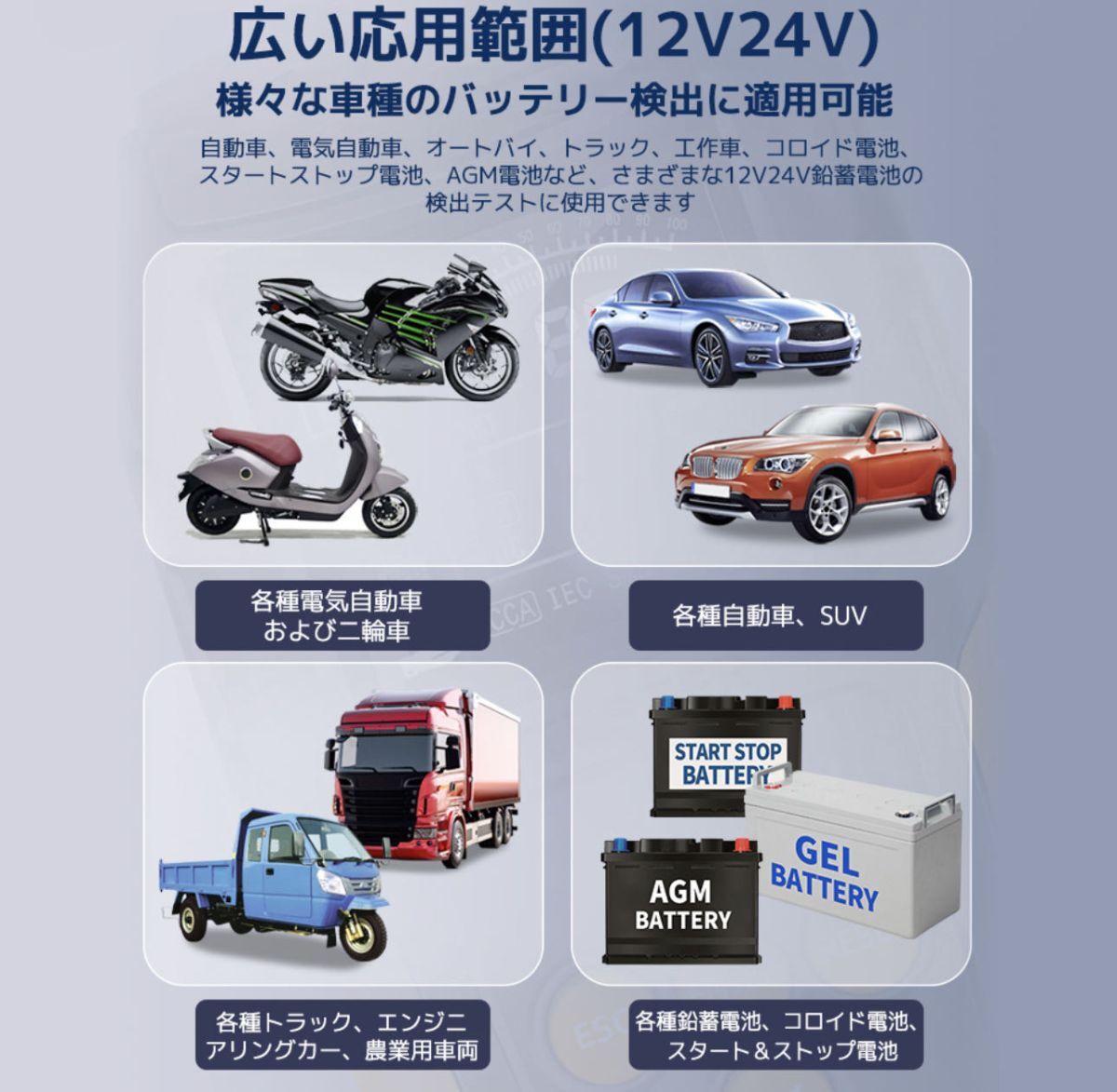 ★送料無料・30日間保証付き★カーバッテリーテスター バッテリーチェッカー 診断 LCDデジタル 12V/24V 鉛蓄電池AGMゲル型EFBバッテリー_画像2