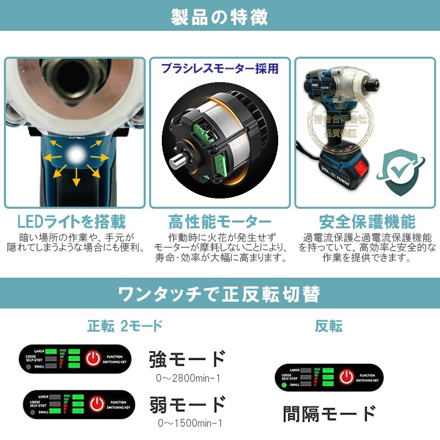 ★30日間保証付き★インパクトドライバー マキタ互換 18V 14.4V バッテリー 対応 充電式 コードレス バッテリー2個付き_画像2