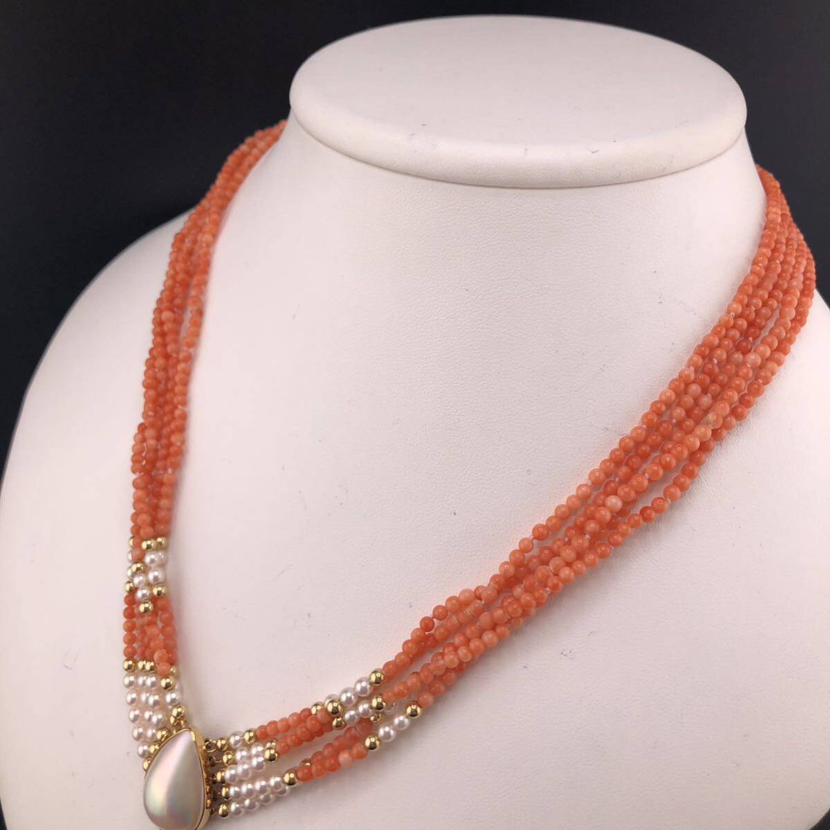 E04-4851 K18☆サンゴマベパールネックレス 5連 30.4g ( 珊瑚 マベ真珠 Pearl necklace accessory K18 K14 )の画像2
