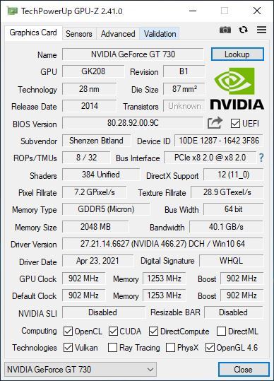 【送料無料】NVIDIA GeForce GT 730 2GB ロープロファイル 中古品 動作確認済 A490の画像6