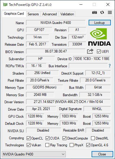 【送料無料】HP NVIDIA Quadro P400 2GB ロープロファイル 中古品 動作確認済 A495_画像6