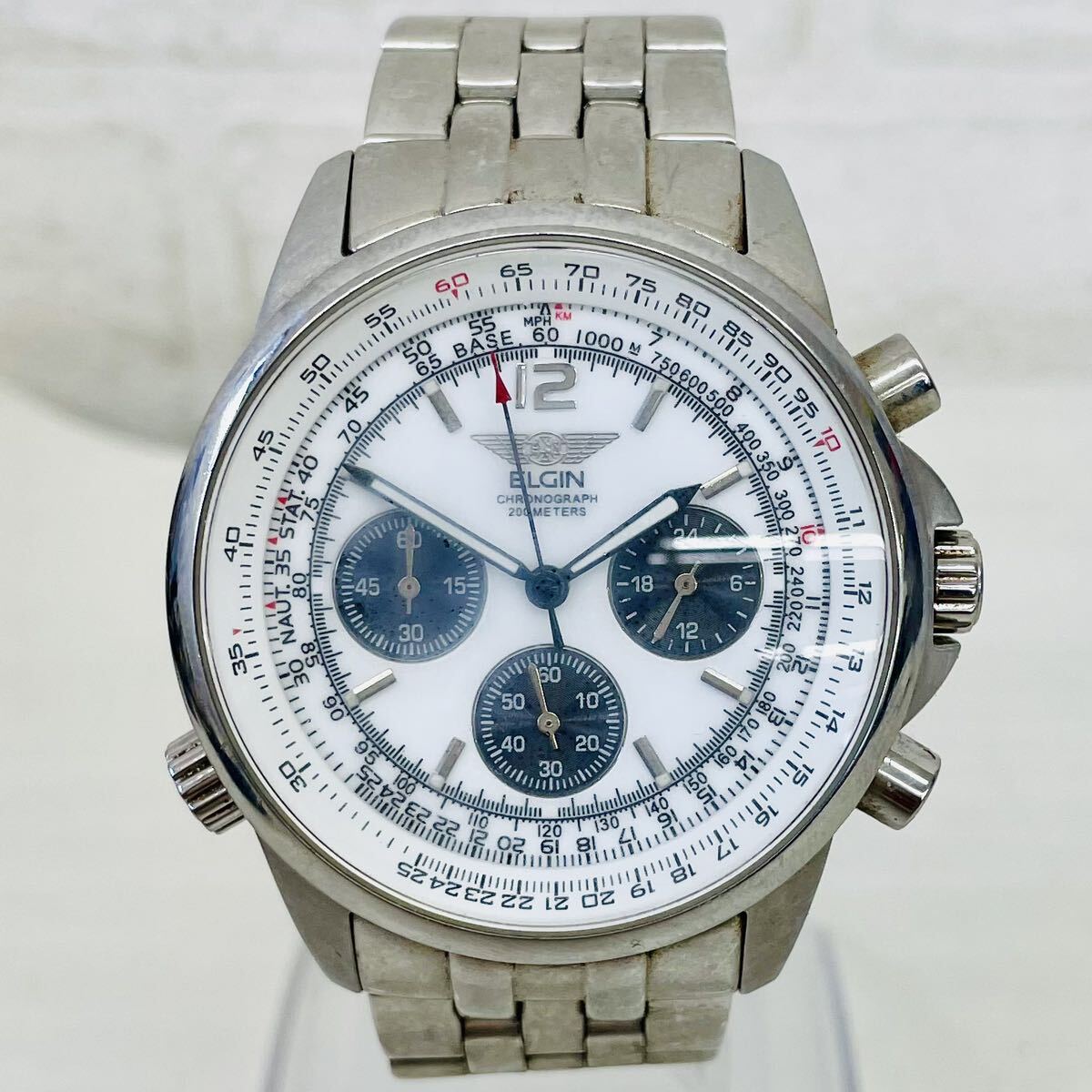 44 ELGIN エルジン FK-1230-F メンズ腕時計 腕時計 時計 クロノグラフ 白文字盤 3針 200M防水 クオーツ クォーツ QZ ステンレススチール ATの画像3