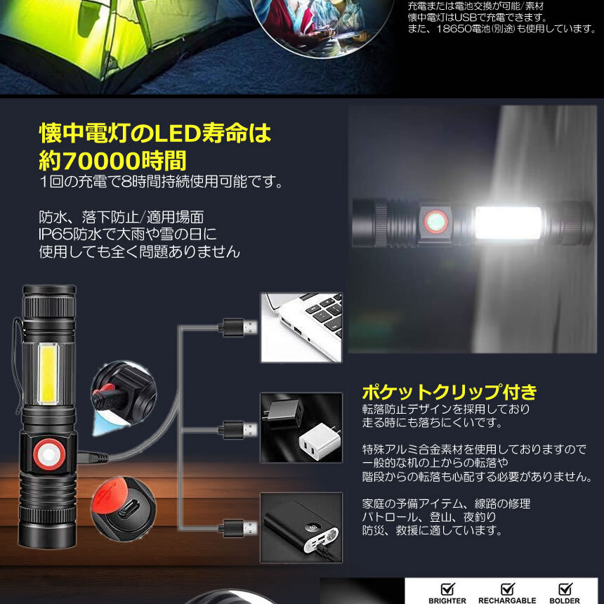 懐中電灯 LED COB 強力 500ｍ ズーム 停電 高輝度 ハンディライト USB 充電式 アウトドア 照明 車 整備 マグネット el-kinglight_画像4