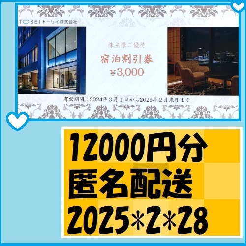 12000円分(4枚) 匿名配送無料 TOSEI トーセイ 株主優待券 2025*2月末 優待で頂きました、新品未使用です、安心して御使用いただけますの画像1