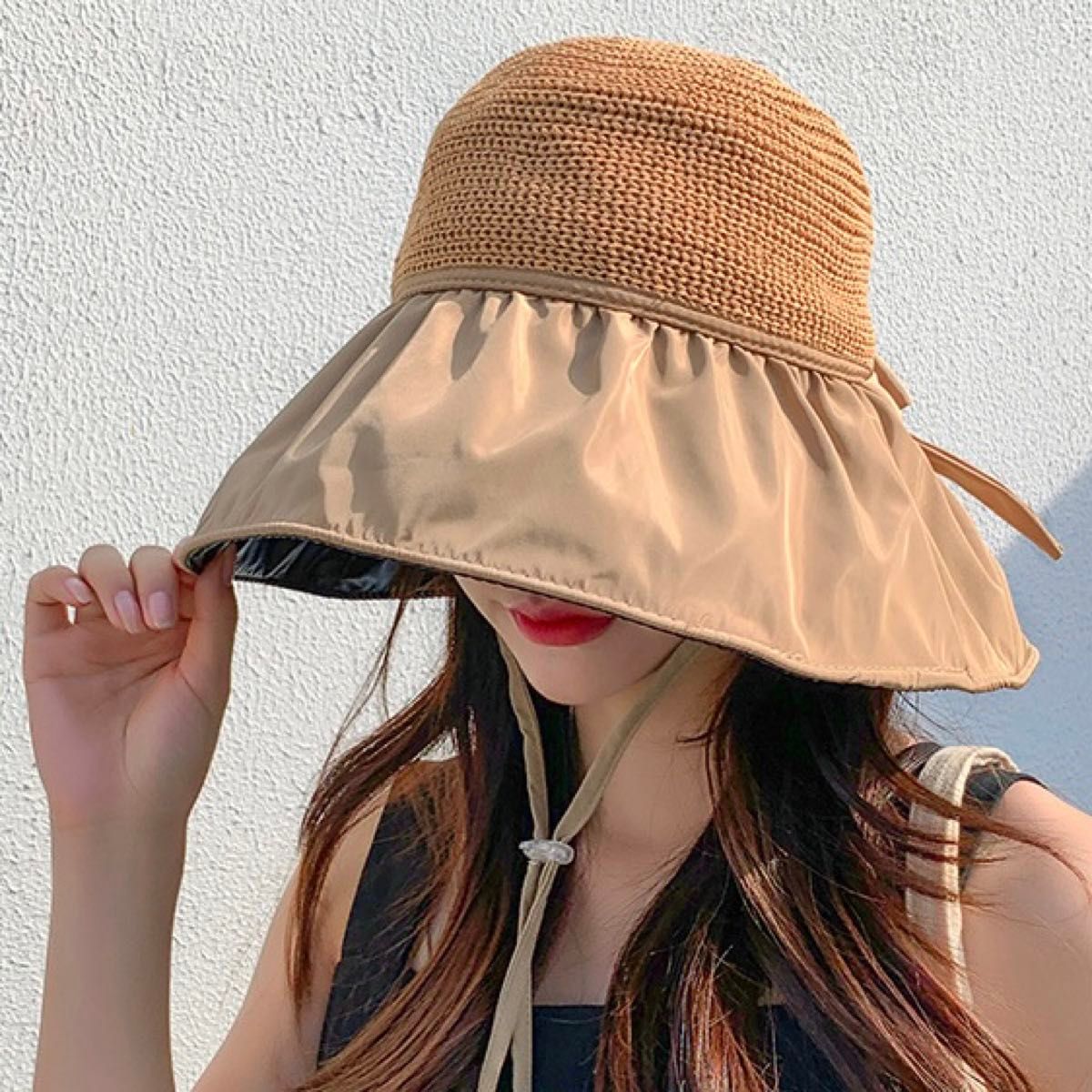 麦わら帽子　折りたたみ　UVカット　紫外線対策　日焼け止め　レジャー　旅行　新品　 通気性 軽量　小顔効果　つば広帽子　アウトドア
