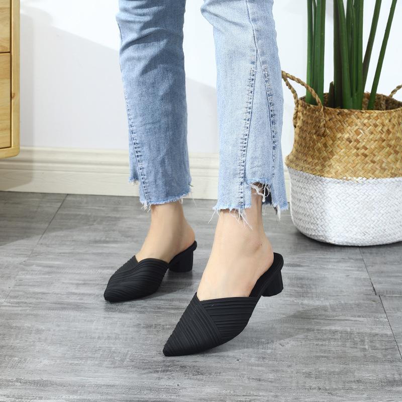 [ great special price!] mules sandals low heel po Inte dotu casual 24. black black simple summer middle heel casual 