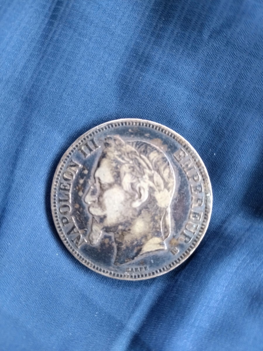 ☆送料無料 第二帝政期 ナポレオン3世 5フラン銀貨 1868年 アンティークコインの画像1