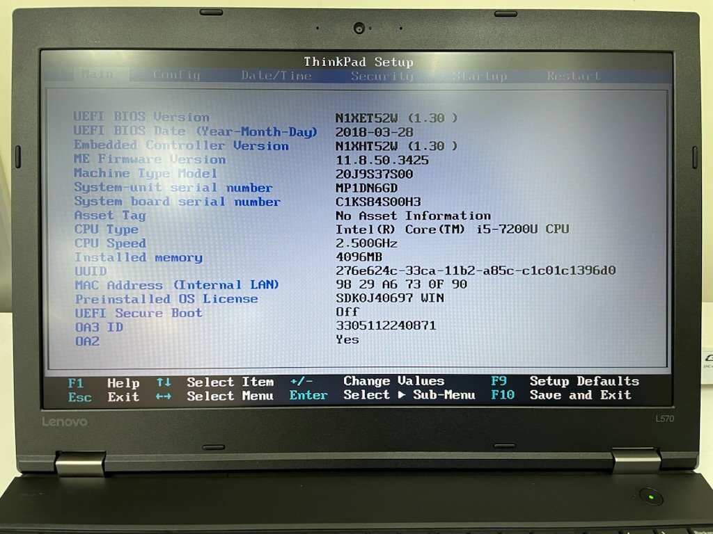 【UEFI起動確認済み／中古】ThinkPad L570 【20J9-S37S00】 (Core i5-7200U, RAM4GB, HDD無し[OS無し]) ★本体＋ACアダプタ ④の画像4