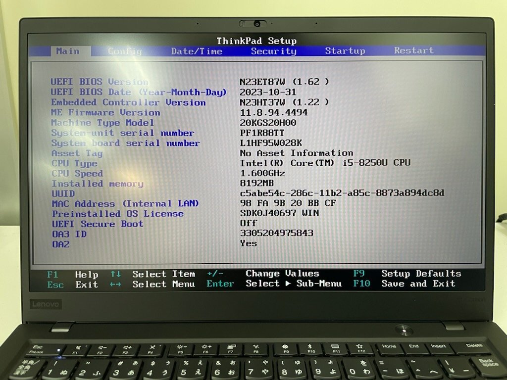 【UEFI起動確認済み／中古】ThinkPad X1 Carbon [TYPE 20KG-S20H00] (Core i5-8250U, RAM8GB, SSD 無し) ACアダプタ付き●UEFI-BATT NGの画像4