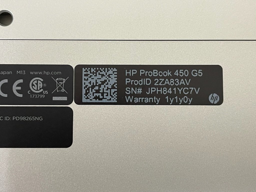 【UEFI起動確認済み／中古】ProBook 450 G5 (Core i5-7200U, RAM 8GB, SSD/HDD無し[OS無し]) ★ACアダプタ付き　⑤_画像9