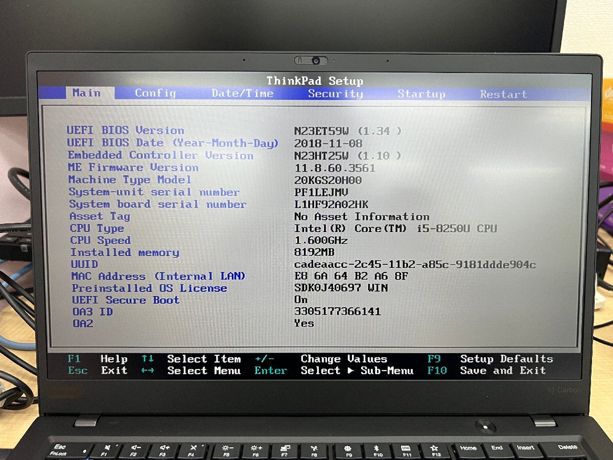 【UEFI起動確認済み／中古】ThinkPad X1 Carbon [TYPE 20KG-S20H00] (Core i5-8250U, RAM8GB, SSD無し) 本体＋ACアダプタ●バッテリーNGの画像4
