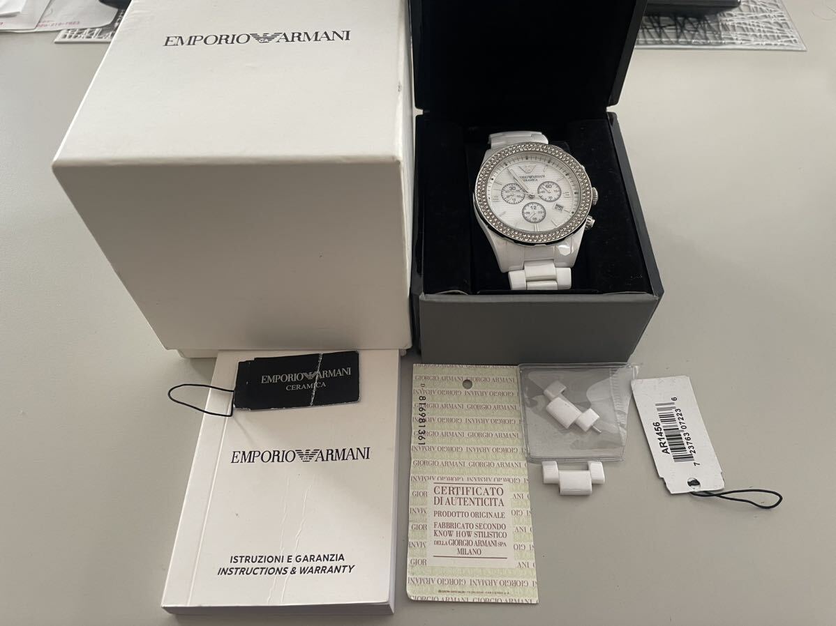 超美品 エンポリオアルマーニ EMPORIO ARMANI 腕時計 クォーツ メンズ セラミック 日付 クロノグラフ ホワイト 取説 コマ付の画像1