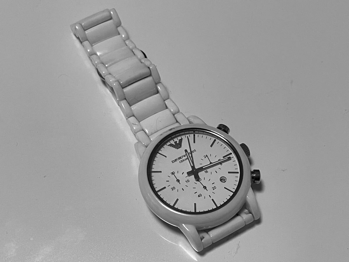 エンポリオアルマーニ EMPORIO ARMANI セラミック AR-1499 クオーツ クロノグラフ メンズ腕時計 白文字盤 1円～の画像5