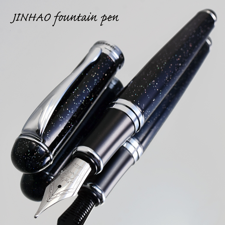 ◆●万年筆【JINHAO/金豪】ジンハオ X750 シリーズ ブラック ラメ軸 太軸 両用式 滑らかな書き味 ペン先:大型18KGP 黒 艶 光沢 新品/JH18Mの画像1