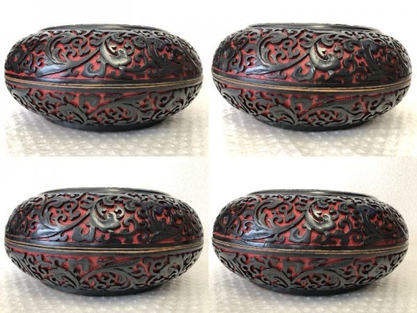 雕漆 CARVED LACQUER WARE 堆朱 中国 唐物堆朱 花唐草紋彫 菓子器 時代物 中国漆器 堆黒 黒 伝統工芸品 口径約24㎝ ■ 由256の画像2