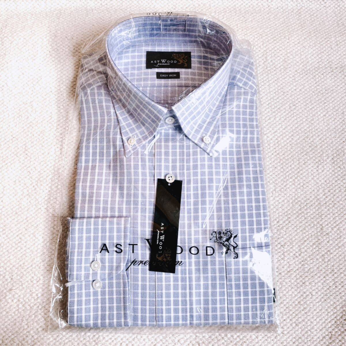 未使用 ASTWOOD premium アストウッド メンズ ワイシャツ ボタンダウンシャツ 長袖シャツ ライトブルー チェック柄 40-82 綿 L 形態安定_画像1