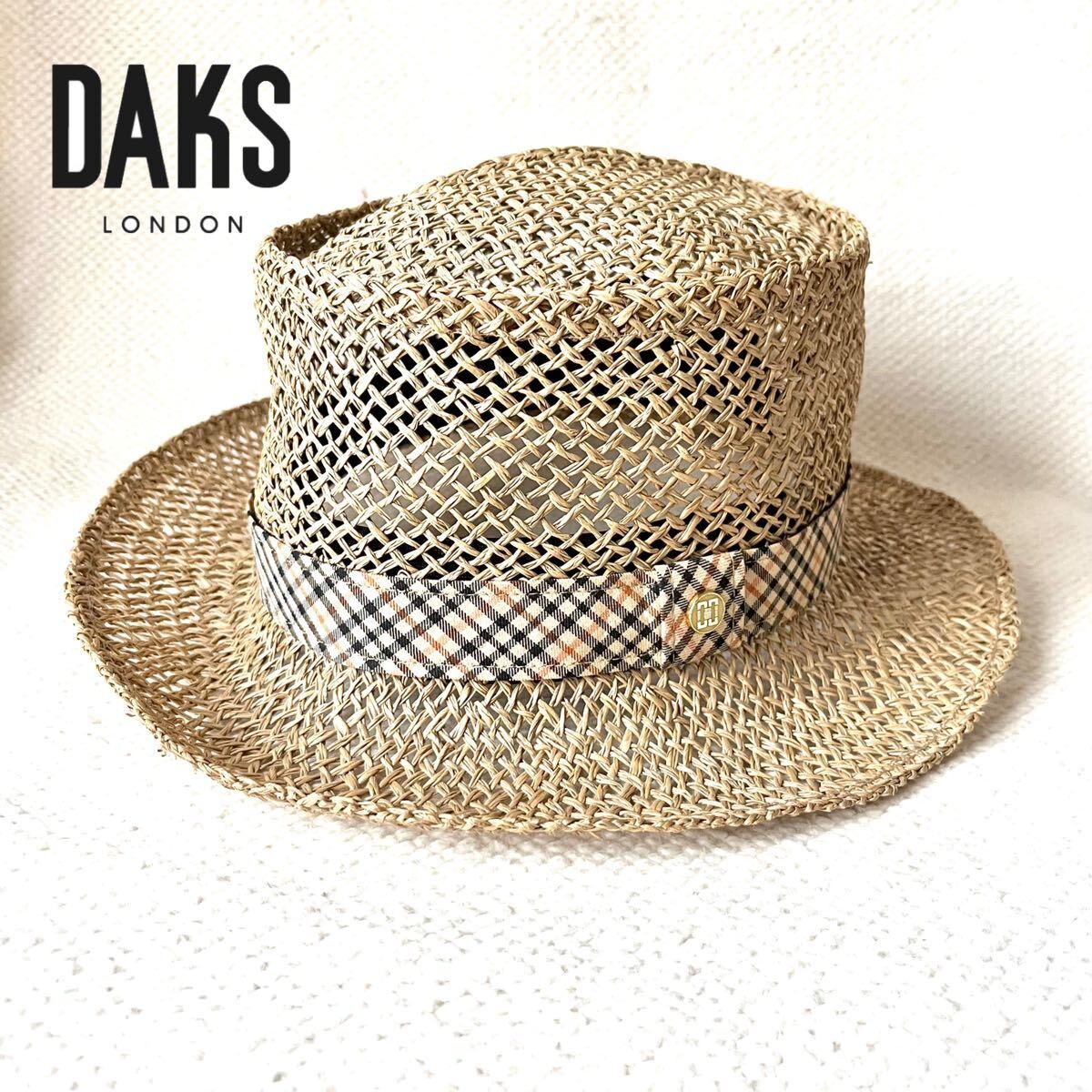 ダックス DAKS 天然草 ハット 帽子 麦わら帽子 ストローハット 56.5cm ベージュ チェック柄 日本製 レディース メンズ_画像1