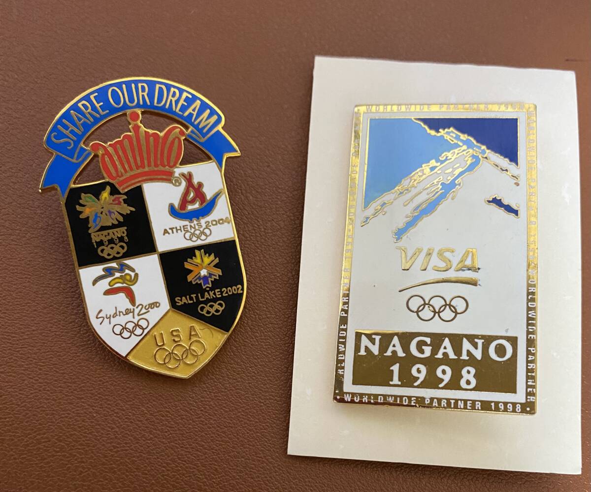  1998 長野オリンピック 記念 限定 ピンバッジ ２個 ★ AMINCO SHARE OUR DREAM & LAGE VISA ピンバッジ コレクションの画像1