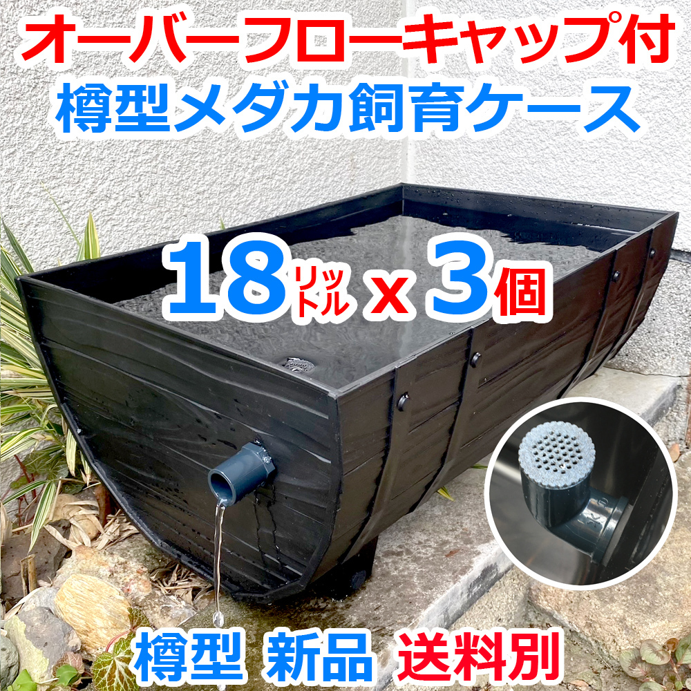 メダカ飼育ケース 樽型【大】黒 3個 オーバーフローキャップ付 送料別 メダカ飼育容器 メダカ水槽 水草 睡蓮 ビオトープ【五色アクア】の画像1