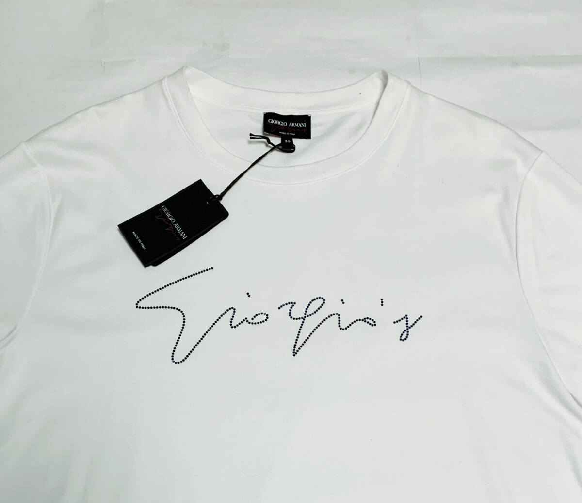 【50】ジョルジオアルマーニ シグネチャーラインストーン入り ホワイトコットンTシャツ 日本サイズL〜LL イタリア製 GIORGIO ARMANI_画像2