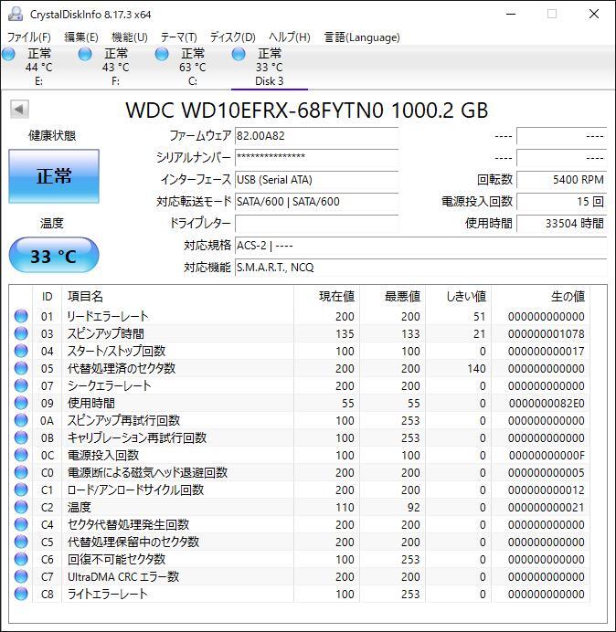 ★☆[PG0423]Western Digital WD10EFRX-68FYTN0 WD RED 3.5インチ 1TB HDD チェック済み☆★の画像4