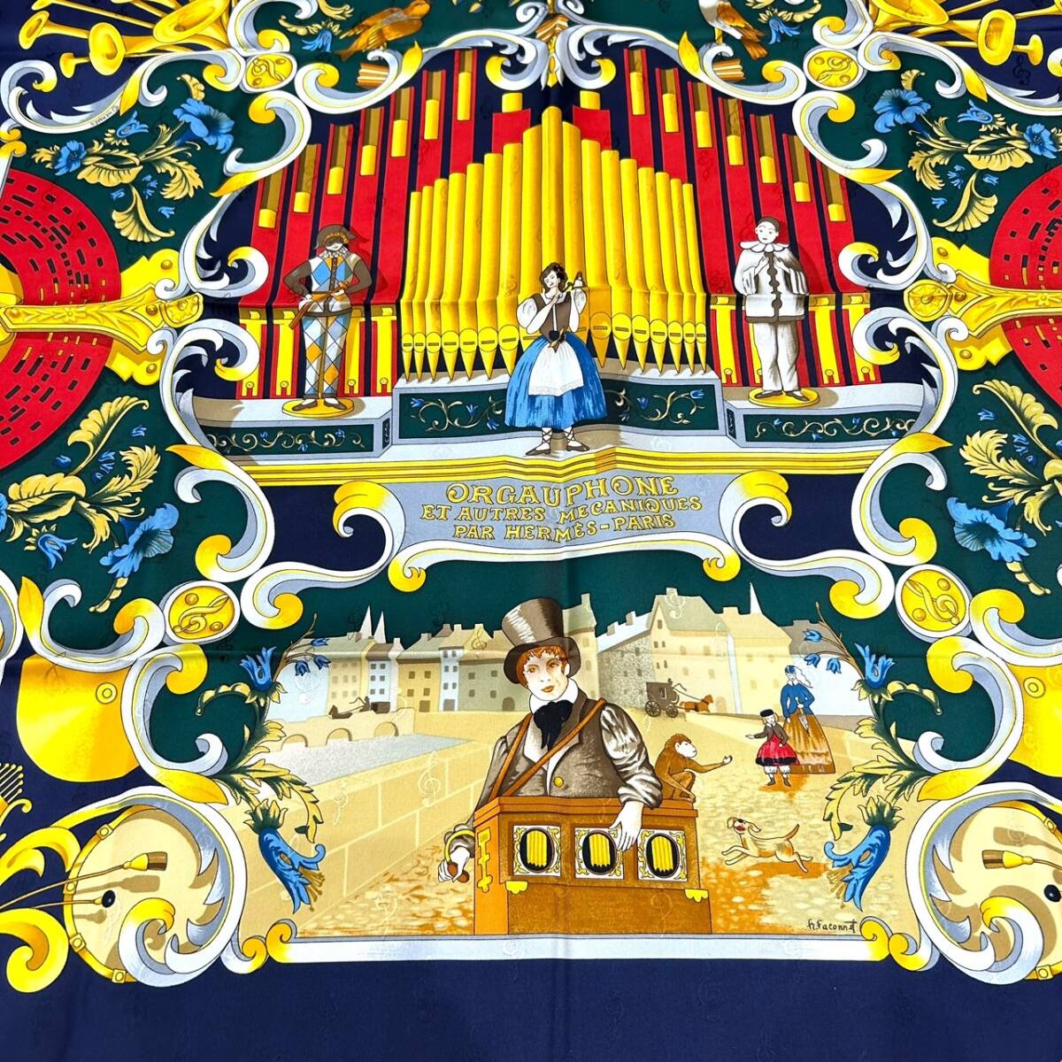 HERMES エルメス 美品 カレ90 パイプオルガンと時計仕掛けの楽器 ORGAUPHONE スカーフ ブルー系の画像2