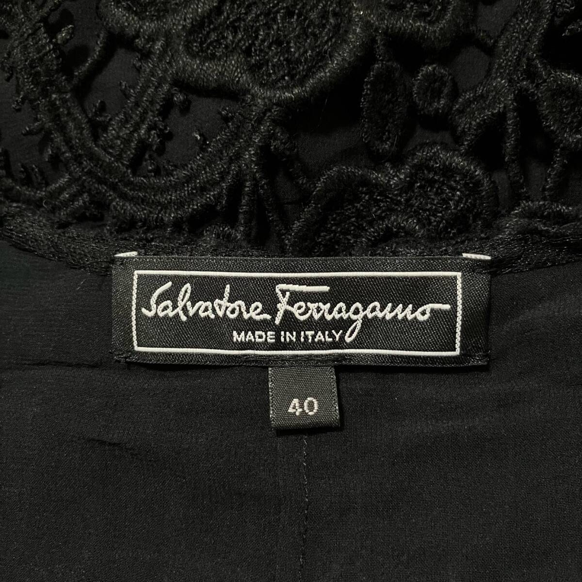 Salvatore Ferragamo フェラガモ ワンピース 長袖 膝丈 レースデザイン ブラック系 ウール レディース 40_画像6