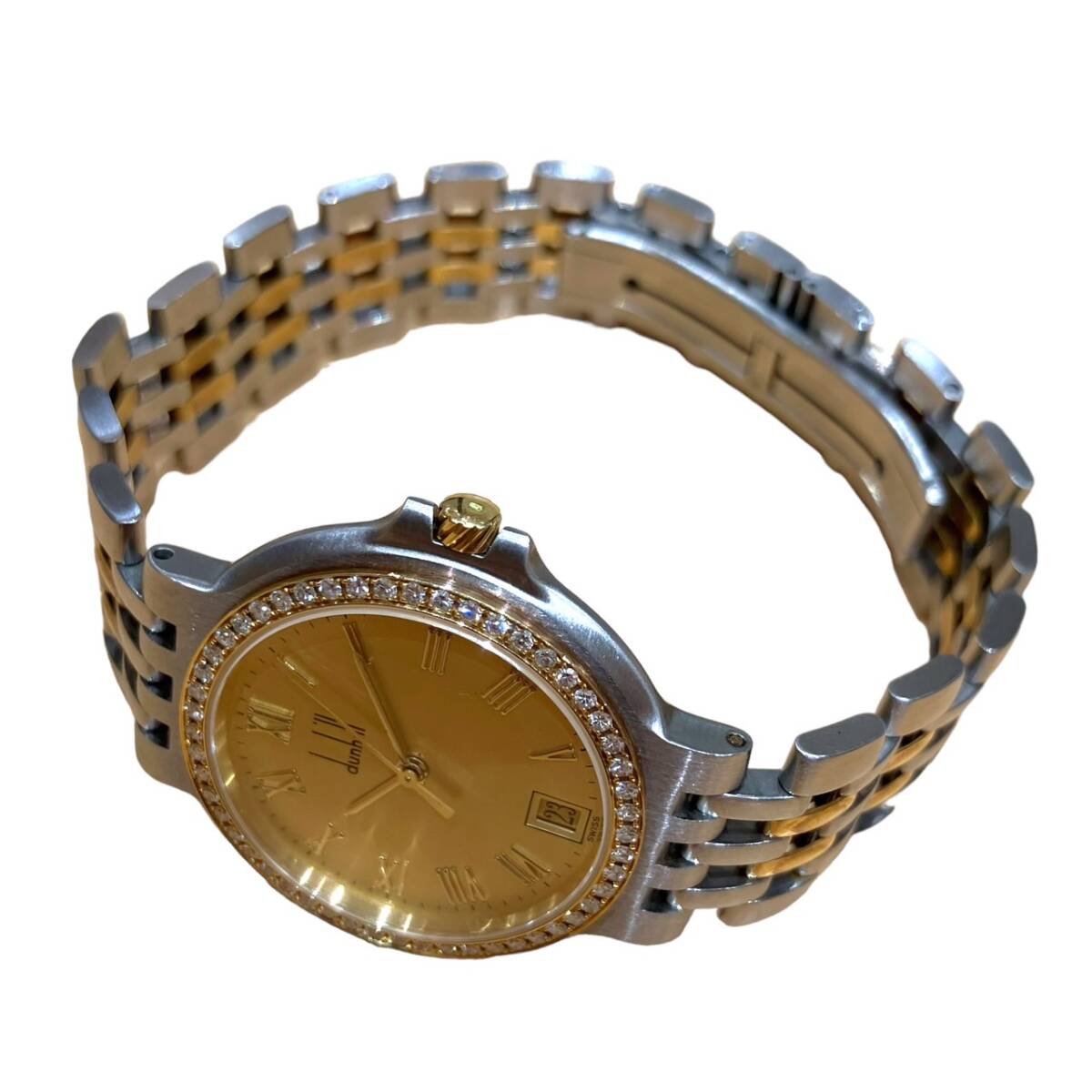 Dunhill ダンヒル 腕時計 ダイヤベゼル デイト 24QMT ゴールド×シルバー 動作確認×の画像4