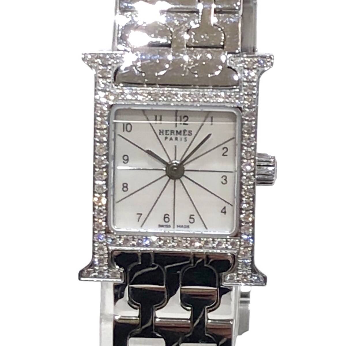 1円 HERMES エルメス Hウォッチ ダイヤベゼル シェル文字盤 SSベルト 腕時計の画像2