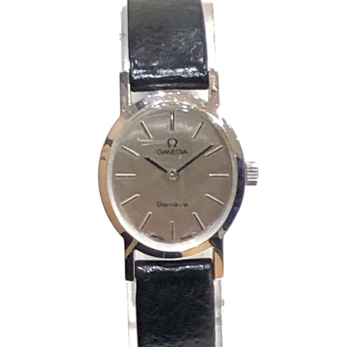 1円 OMEGA オメガ ジュネーブ 手巻き シルバー文字盤 SS レディース レザーベルト ブラック 腕時計の画像1