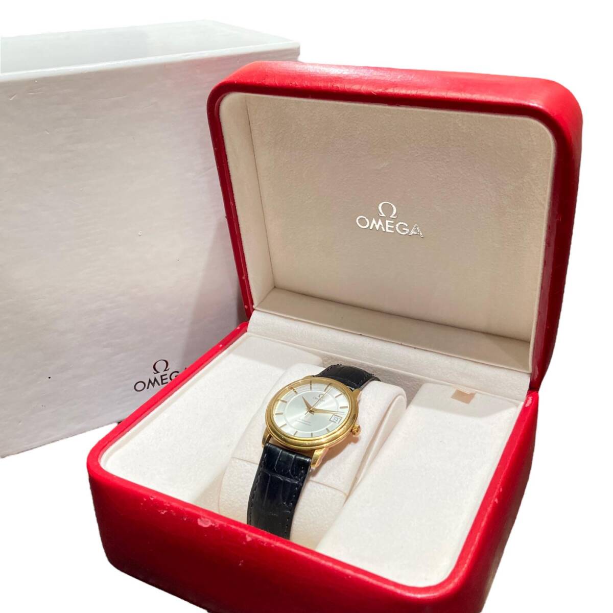 OMEGA オメガ de ville prestige chronometer 18K クロノメーター メンズ 革ベルト ゴールド シルバー デイト付き 腕時計の画像9