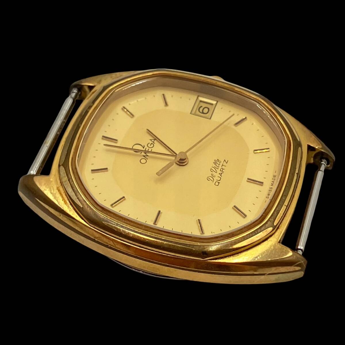 オメガ デビル メンズ腕時計 クォーツ デイト スクエア ゴールドカラー文字盤 SS 1332 フェイスのみ 稼働品_画像3