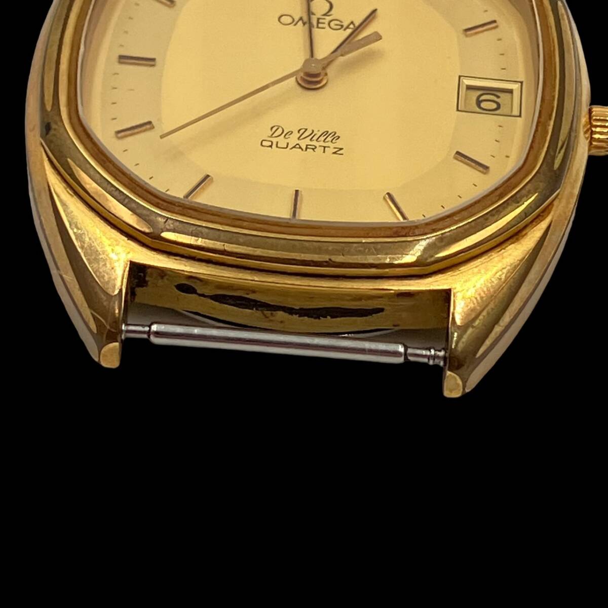 オメガ デビル メンズ腕時計 クォーツ デイト スクエア ゴールドカラー文字盤 SS 1332 フェイスのみ 稼働品_画像6