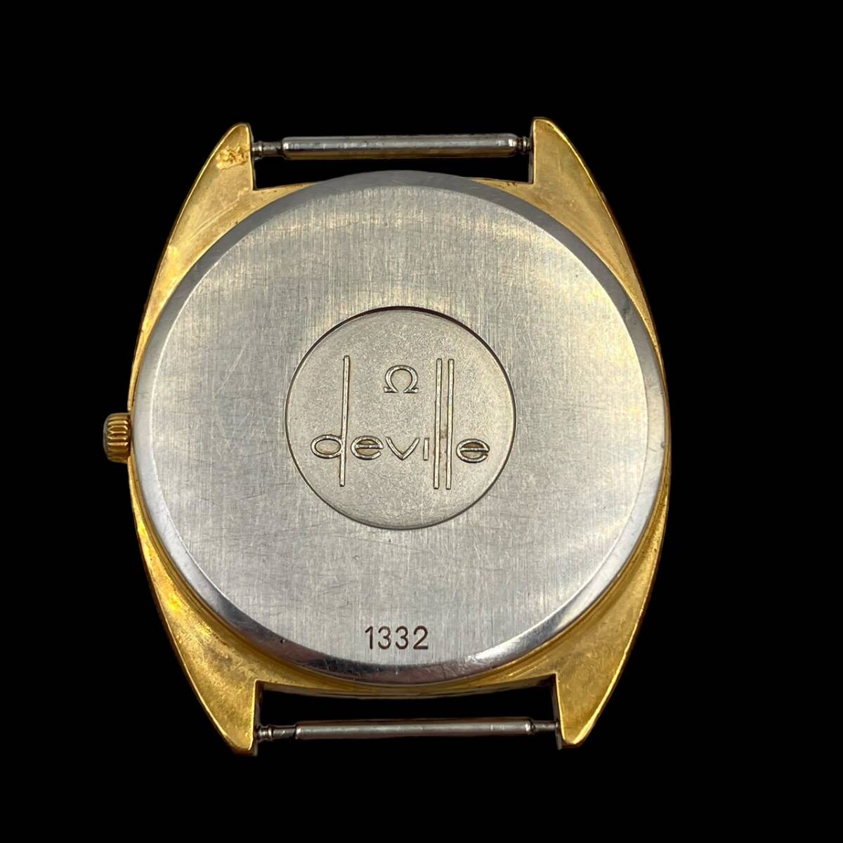 オメガ デビル メンズ腕時計 クォーツ デイト スクエア ゴールドカラー文字盤 SS 1332 フェイスのみ 稼働品_画像7