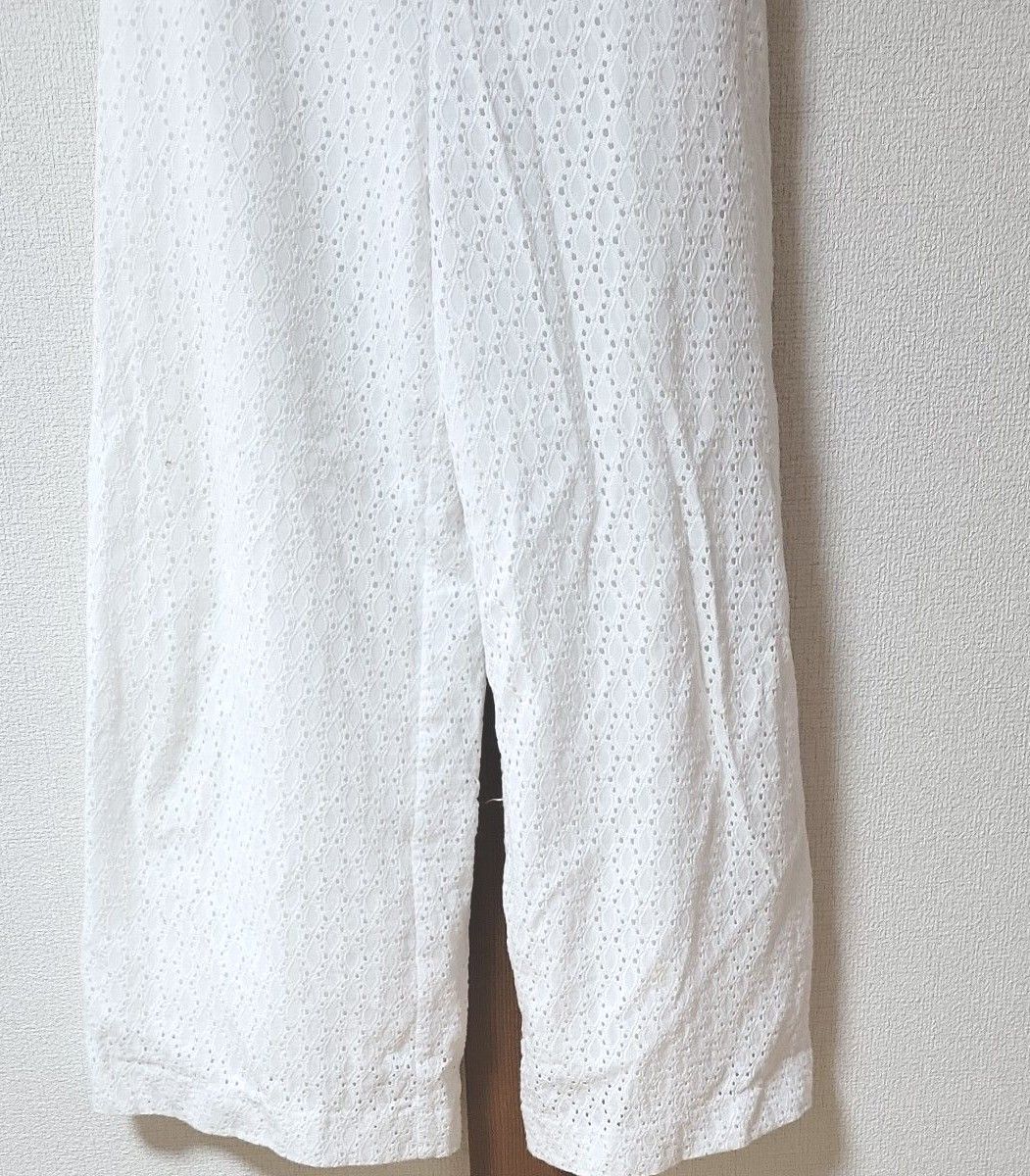 ROSEBUD 透け感なし ハイウエストパンツ ホワイト 刺繍 ワイド ローズバッド レース ゆったりパンツ ズボン 春服 白 