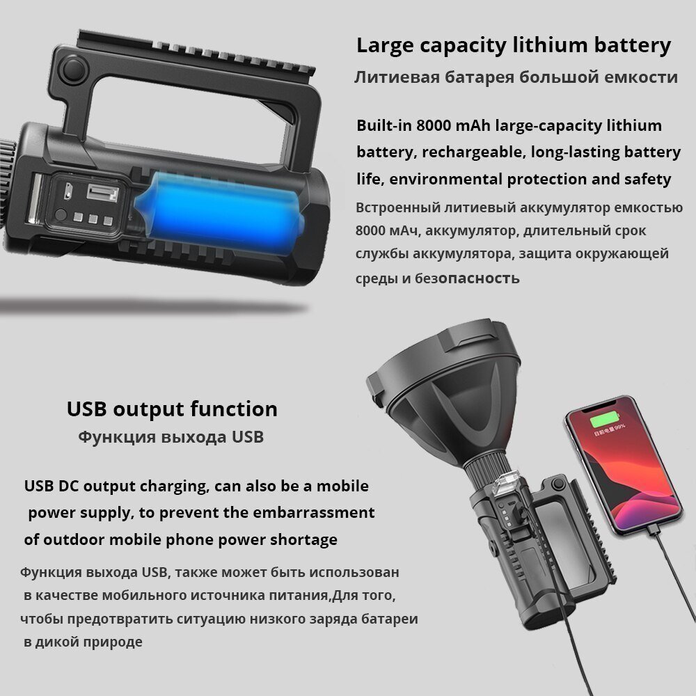 強力LED 懐中電灯 ポータブル XHP70.2 トーチ USB充電式 サーチライト 防水 スポットライト ベースフィッシングライト ランタン付き_画像5