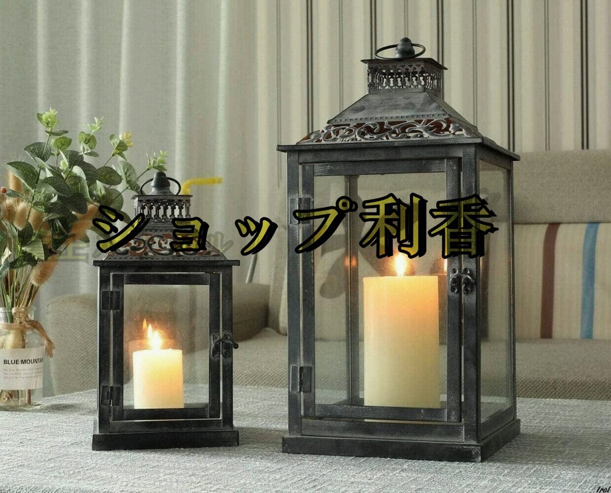  art goods metal candle lantern 2 piece set glass antique gray brush equipment ornament lantern Vintage style indoor outdoors 