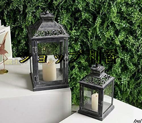  art goods metal candle lantern 2 piece set glass antique gray brush equipment ornament lantern Vintage style indoor outdoors 