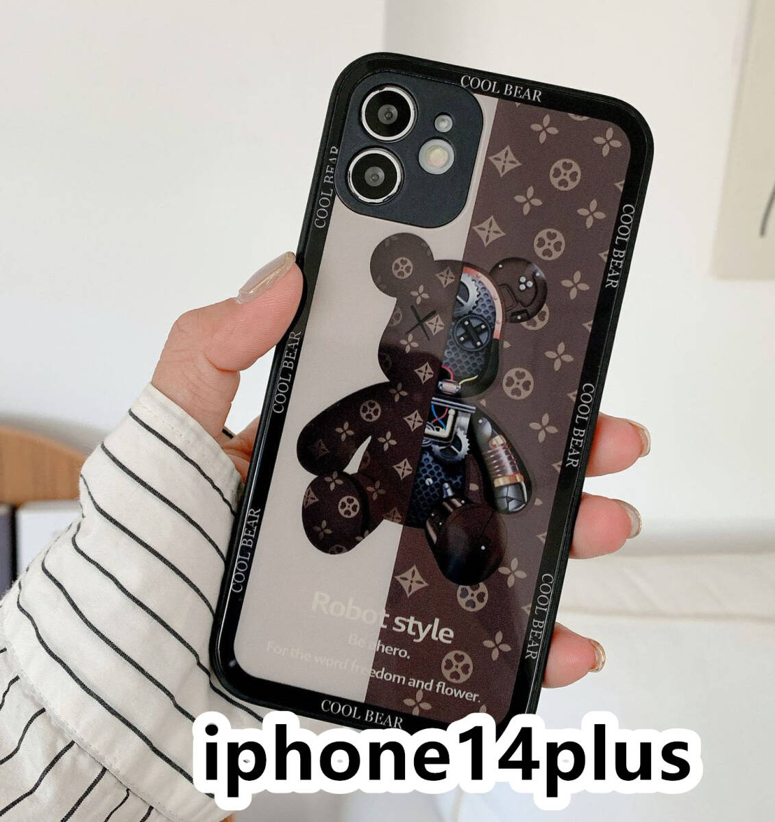 iphone14plusケース カーバー TPU 可愛い 熊 ガラス お洒落 軽量 ケース 耐衝撃高品質ブラウン326の画像1