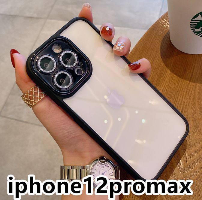 iphone12promaxケース カーバー レンズ保護付き　透明　お洒落　韓国　軽量 ケース 耐衝撃 高品質 ブラック365_画像1