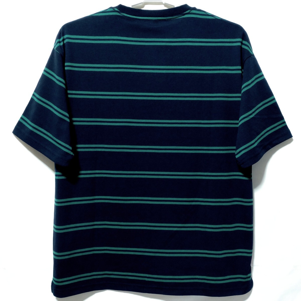 特価/未使用【サイズ=L】ノーブランド/メンズ/半袖/ボーダー/Tシャツ/胸囲=96～104cm/navy×greenの画像4