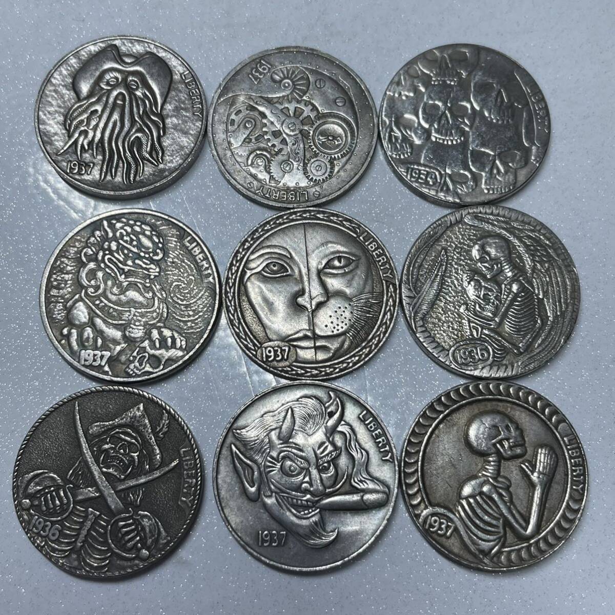WX1399ミニ流浪幣9枚セット 髑髏 悪魔 天眼紋 外国硬貨 貿易銀 海外古銭 コレクションコイン 貨幣 直径約21mm重さ約4g_画像1