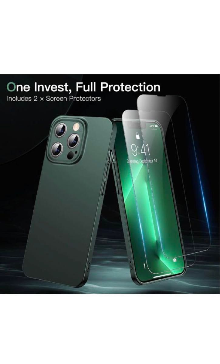 iphone13proケース ガラスフィルム付属 指紋防止 薄型 軽量 さらさら手触り 画面レンズ保護 ハードケース （グリーン）