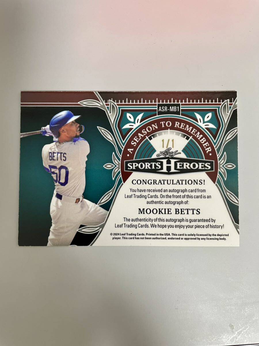 世界一枚限定 1/1 ムーキー・ベッツ 直筆サインカード autograph mookie betts 2024 leaf sports heroes Topps以外 ドジャース大谷翔平同僚の画像2