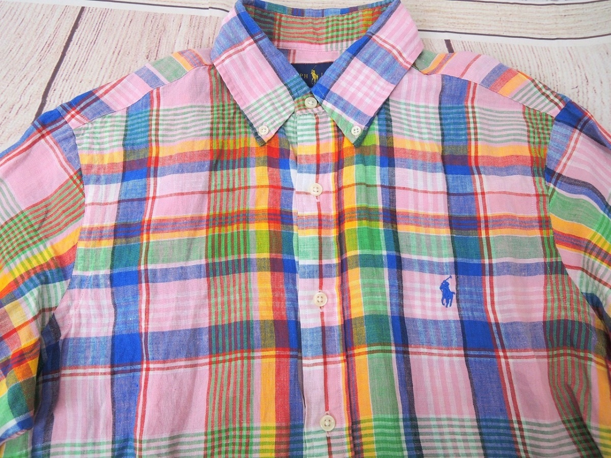 RALPH LAUREN ラルフローレン 半袖チェックシャツ M 100%LINEN Made in Philippines_画像3