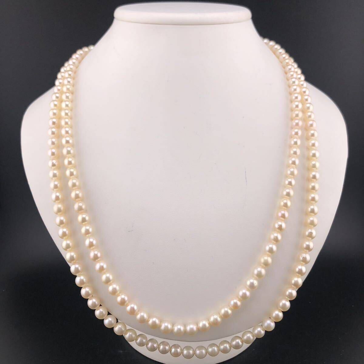 E03-6620 2連☆アコヤパールネックレス 6.5mm~7.0mm 約61cm 82g ( アコヤ真珠 Pearl necklace SILVER )の画像1