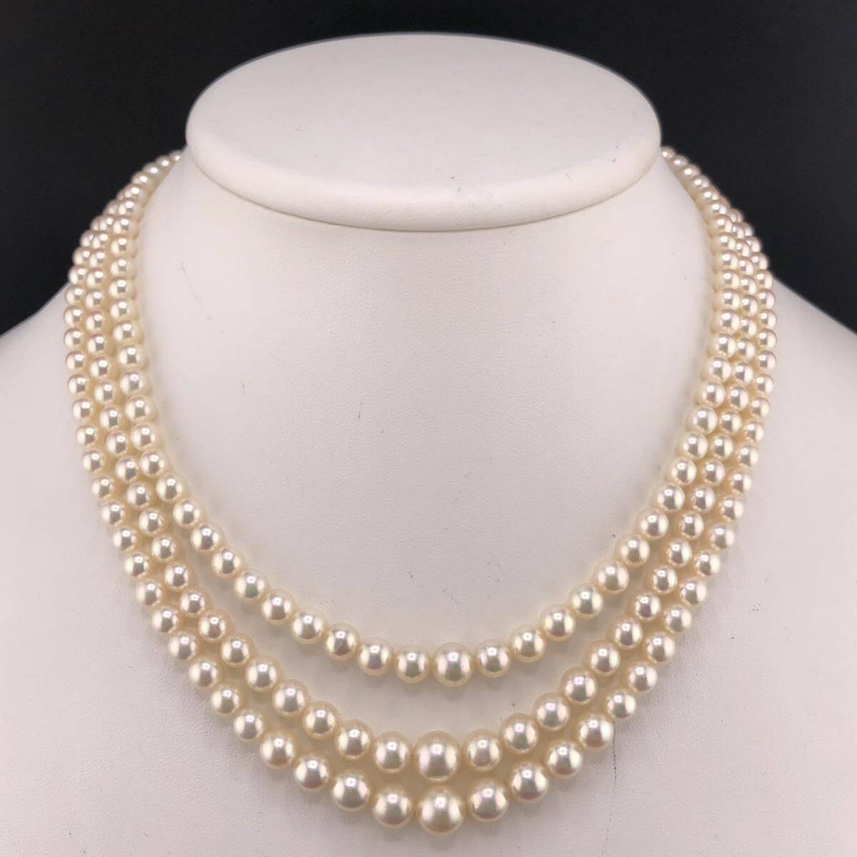 E04-1933 3連☆ルビー付きアコヤパールネックレス 3.5mm~8.5mm 約43cm 57.1g K14WG ( アコヤ真珠 Pearl necklace ルビー )の画像1