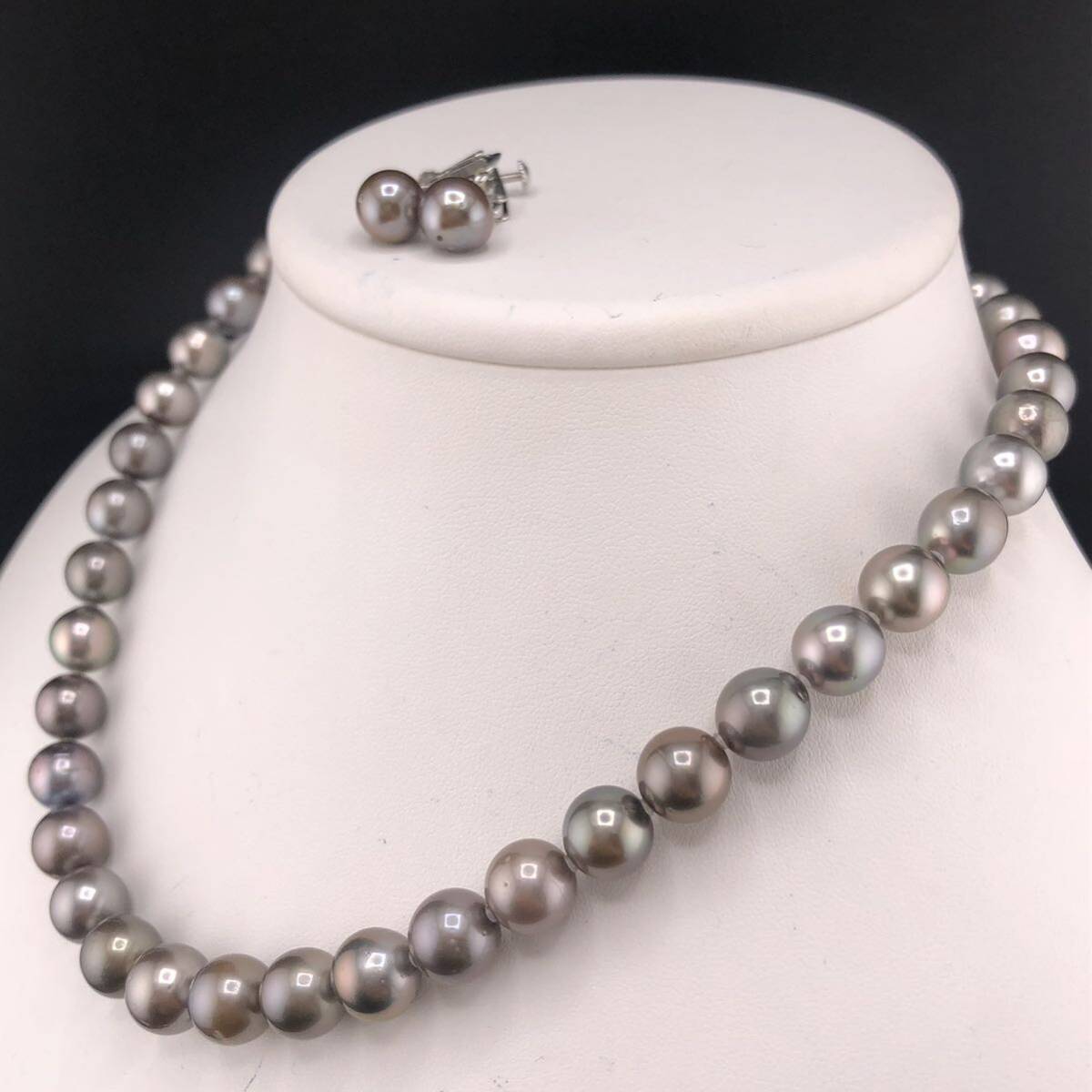 E04-6852 2点SET☆黒蝶パールネックレス＆イヤリング 8.5mm~10.35mm 41cm 55.6g 8.5mm 3.1g ( 黒蝶真珠 Pearl necklace earring SILVER )_画像2