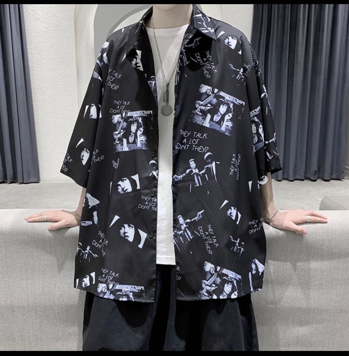 3999円○XL フォトプリント 半袖 シャツ ブラック