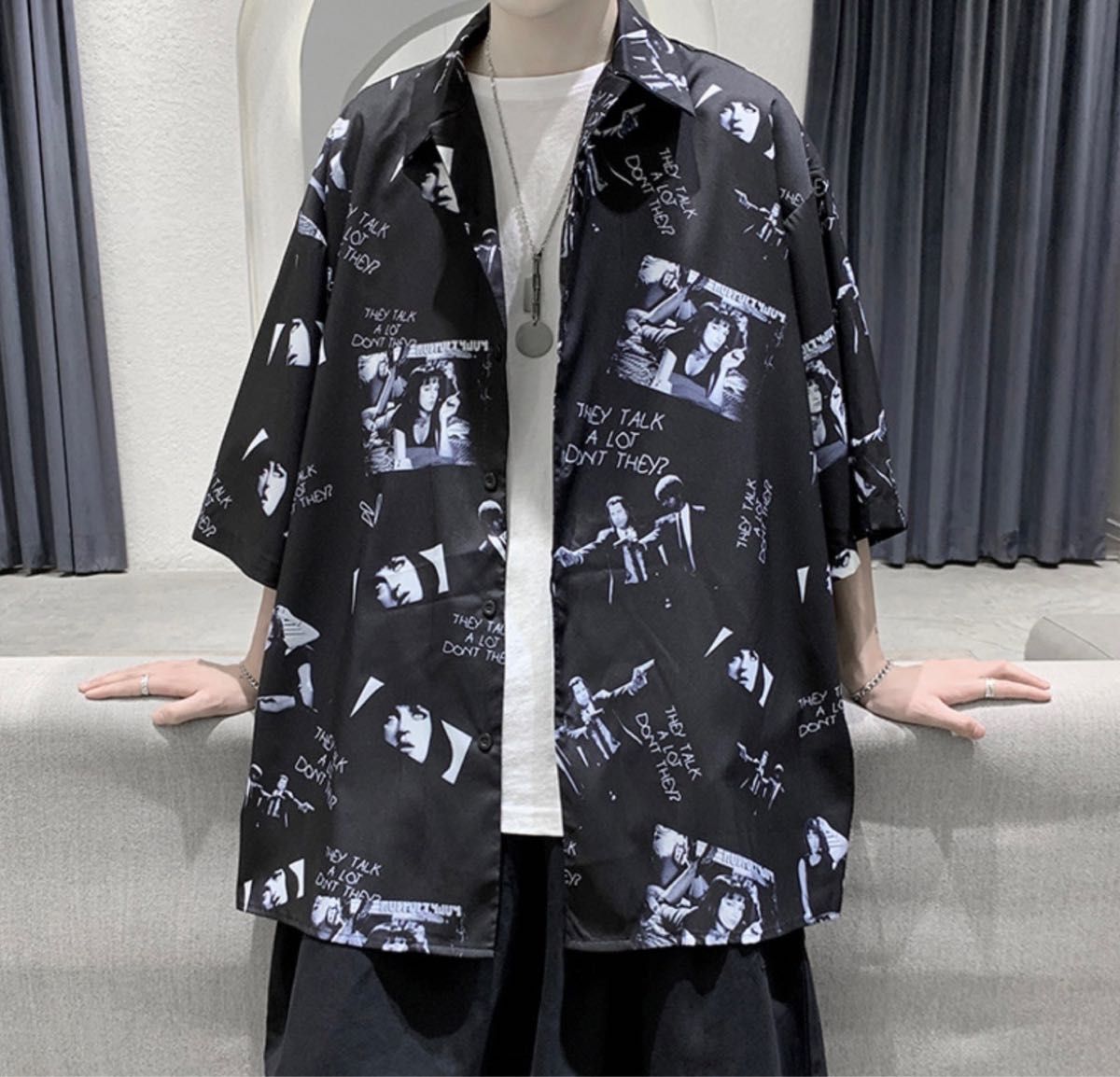 3999円○XL フォトプリント 半袖 シャツ ブラック